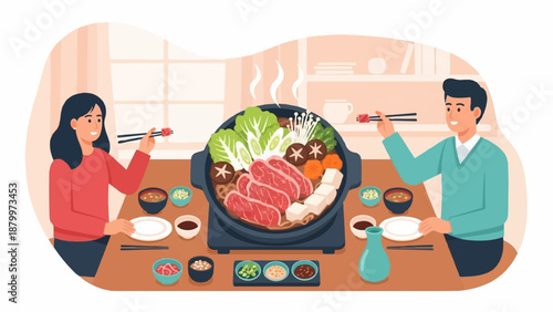 Couple enjoying hot pot meal with fresh ingredients and dipping sauces