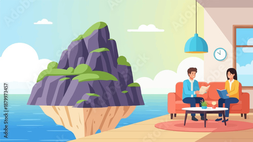 Couple reading books on a couch in a modern room with a serene outdoor view