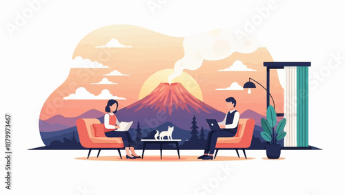Couple relaxing with cat near volcano sunset view from indoors