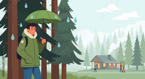 Man standing under green umbrella outdoors.