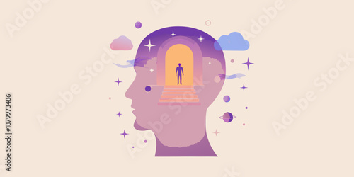A human head silhouette containing a doorway to an ethereal landscape
