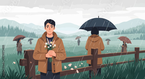 Man standing with umbrella in rain.