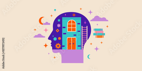 A human head silhouette containing a house moon and star imagery