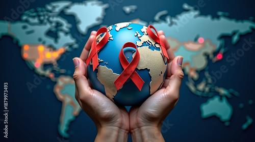 Wallpaper Mural World cancer day February 4. Hand holding colorful awareness ribbons on world map. Healthcare and medical concept Torontodigital.ca