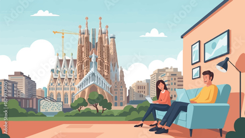 Couple working on laptops on a couch with a famous landmark in background