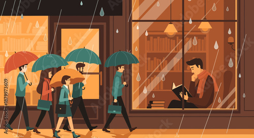 People walking with colorful umbrellas 1.