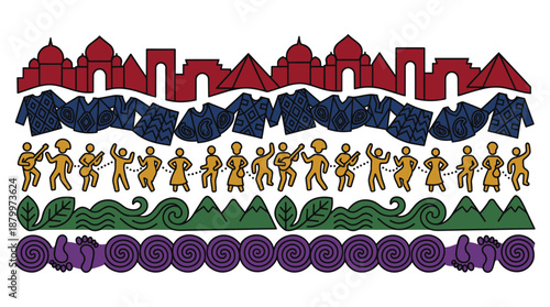 Vibrant cultural festival illustration with dancing people and landmarks