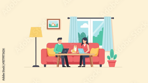 Couple working on laptops on sofa with cat and plant