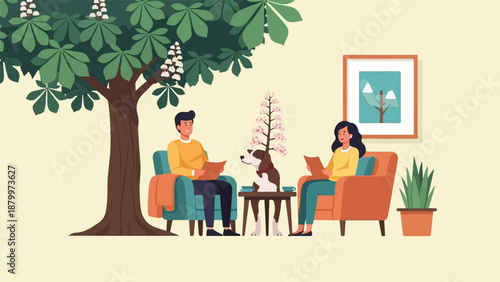 Couple reading books on chairs with dog and tree indoors