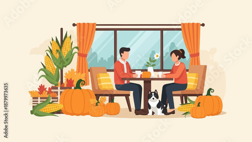 Couple and dog enjoying autumn harvest indoors