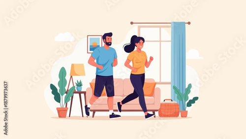 Couple running indoors on a treadmill in a cozy living room