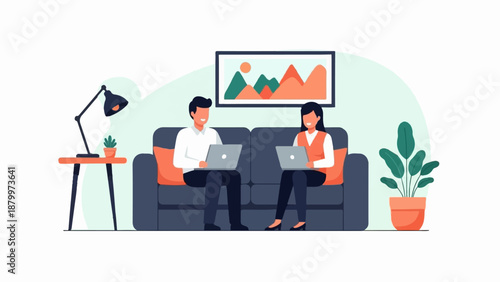 Couple working on laptops while relaxing on a sofa in a room