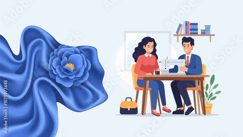 Couple sewing together at a table with fabric and a sewing machine