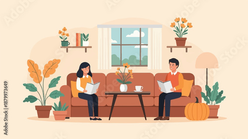 Couple reading books on couch with plants, window, and pumpkin