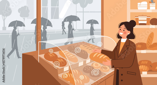 Woman buying bread from bakery.