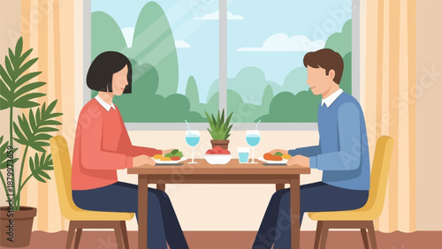 Couple enjoys a meal at a table by the window with plants