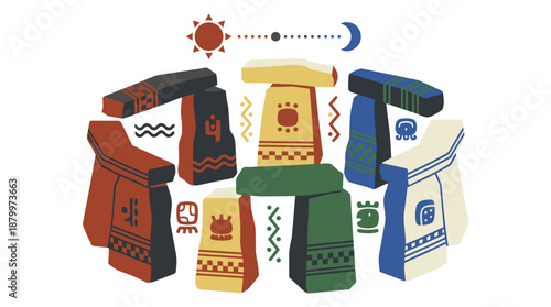 Vibrant totem pole sculptures with sun moon symbols