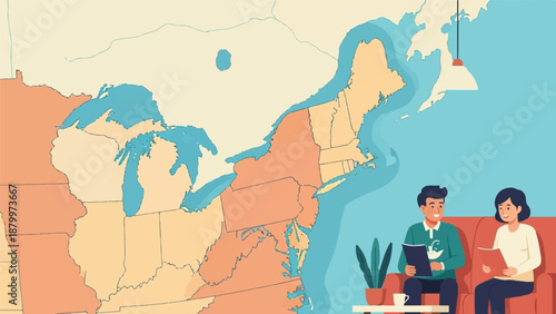 Couple reading by a map of the Great Lakes and Northeast US coast