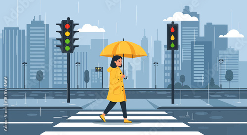 Woman crossing street with yellow umbrella.