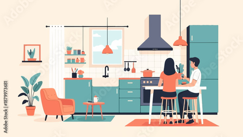 Couple enjoys a meal together at a modern kitchen island