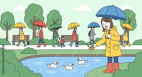 Woman Feeding Ducks in Park Rain.