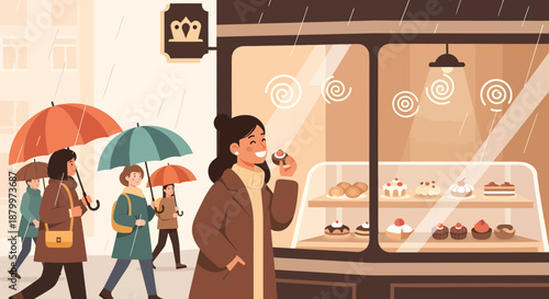 Woman eating pastry on rainy day.