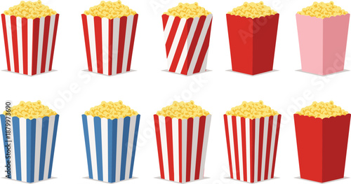 Collection of Popcorn Box Icons Featuring Red Blue and Pink Striped Containers Filled With Salty Movie Theater Snacks in Flat Vector Illustration Set.