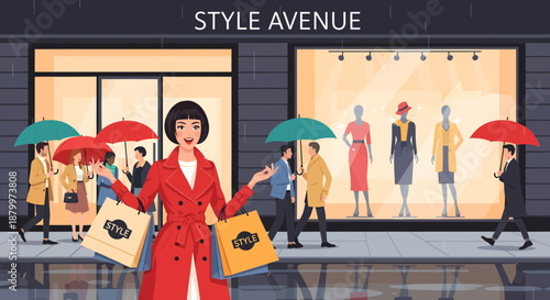 Woman in red coat holding shopping bags.