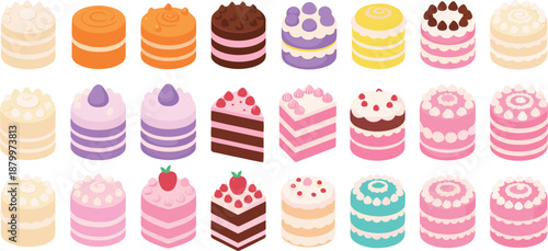 Collection of Colorful Mini Cake and Pastry Icons Featuring Layered Designs Fruit Toppings Chocolate Sprinkles and Whipped Cream in Flat Vector Illustration Set.