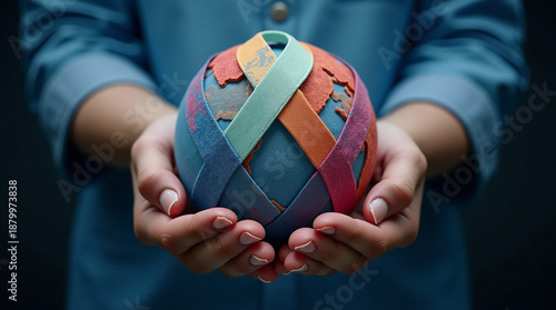 Wallpaper Mural World cancer day February 4. Hand holding colorful awareness ribbons on world map. Healthcare and medical concept Torontodigital.ca