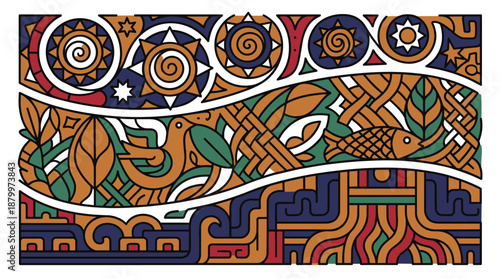 Vibrant abstract illustration of bird, fish, and leaves in swirling patterns