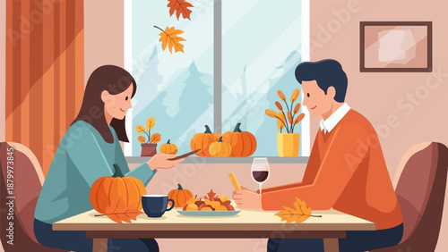 Couple enjoys autumn meal indoors with seasonal decorations