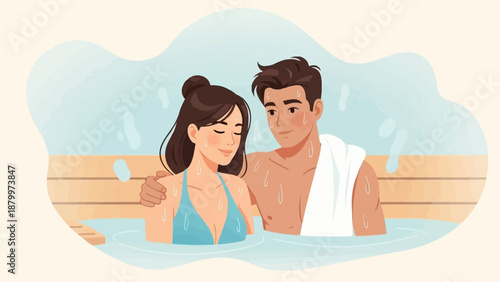 Couple enjoys a warm spa bath together, water droplets indicate heat