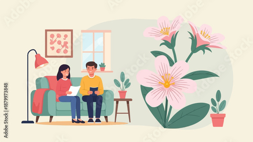 Couple reading together in a room with flowers and plants