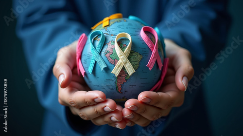 Wallpaper Mural World cancer day February 4. Hand holding colorful awareness ribbons on world map. Healthcare and medical concept Torontodigital.ca