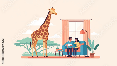 Couple reads in living room with a giraffe and savanna trees outside