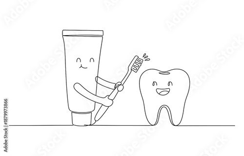 Single line drawing of toothpaste holding a toothbrush beside a smiling tooth with arms on transparent background
