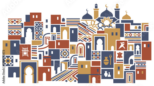 Vibrant Middle Eastern cityscape with mosques and traditional architecture