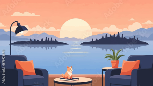 Cozy interior overlooking a serene sunset over water and mountains