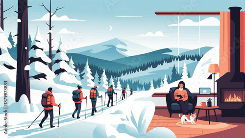 Cozy interior contrasts with people hiking in a snowy mountain landscape