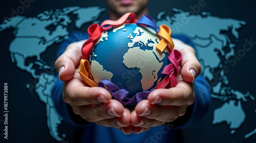 Wallpaper Mural World cancer day February 4. Hand holding colorful awareness ribbons on world map. Healthcare and medical concept Torontodigital.ca