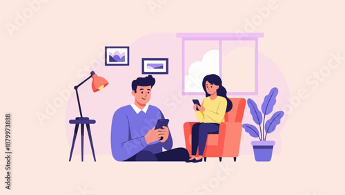 Couple relax at home looking at their phones, a lamp and plant nearby