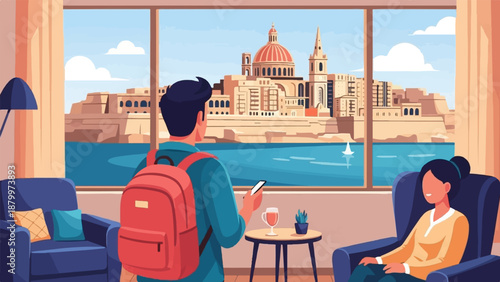 Couple relax in armchairs admiring a historic cityscape and bay view