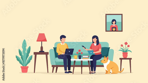 Couple working remotely at home with their dog, sofa, plants, and lamp