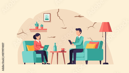 Couple working remotely from home, sharing a living room space