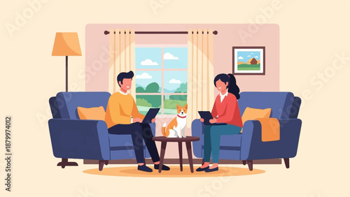 Couple and dog relaxing indoors, working on tablets by window