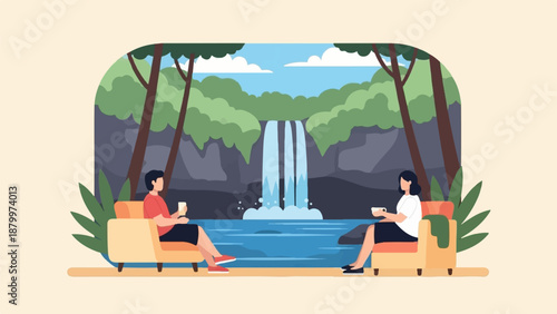 Couple relaxes by a waterfall with drinks, amidst lush greenery