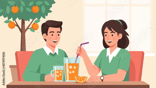 Couple enjoys fresh orange juice on a sunny day with fruit tree