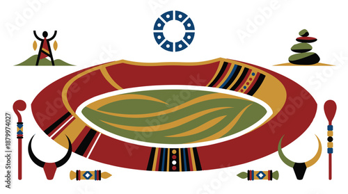 Vibrant Native American ceremonial rug with tribal symbols and adornments