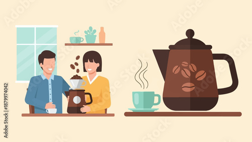 Couple enjoys freshly brewed coffee with a decorative pot